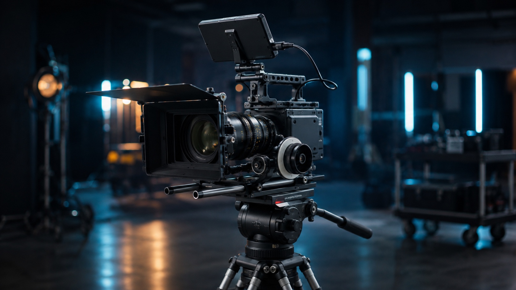 Cámara de cine con óptica, monitor y follow focus en un estudio iluminado en azul